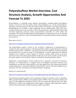 Polyarylsulfone Market Overview, Cost Structure Analysis, Growth Opportunities And Forecast To 2025