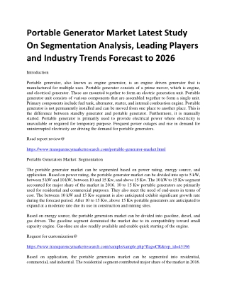 Portable Generator Market Latest Study On Segmentation Analysis, Leading Players and Industry Trends Forecast to 2026