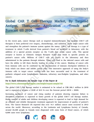 Global CAR T Cell Therapy Market, By Targeted Antigen, Therapeutic Application - Trends and Forecast till 2028