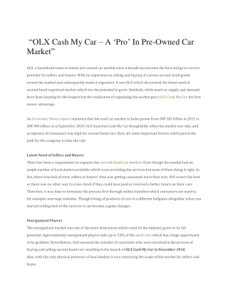 OLX Cash My Car – A ‘PRO’ in Pre-Owned Car Market