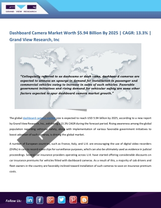 Dashboard Camera Market Anticipated to Cross $5.94 Billion by 2025