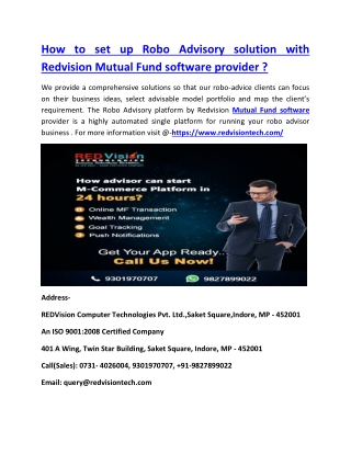 How to set up Robo Advisory solution with Redvision Mutual Fund software provider ?