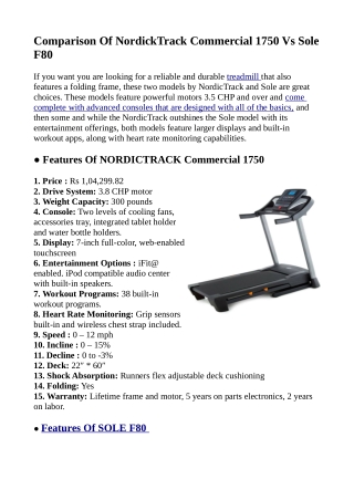 Comparison of nordick track commercial 1750 Treadmill vs sole f 80 Treadmill