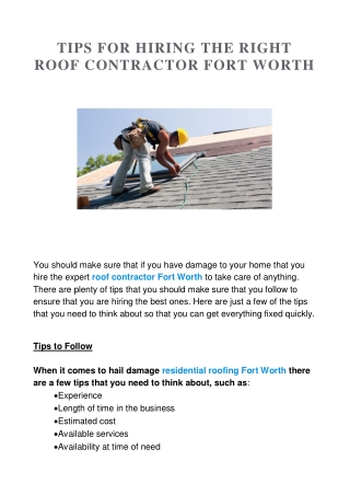 TIPS FOR HIRING THE RIGHT ROOF CONTRACTOR FORT WORTH