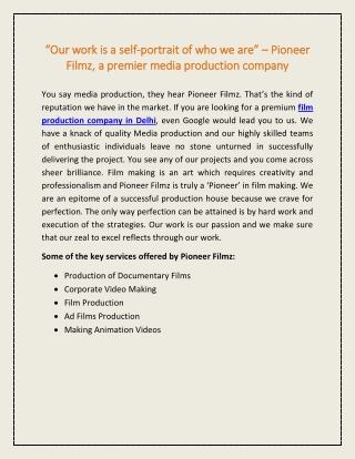 Pioneer Filmz, a premier media production company