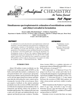 Simultaneousspectrophotometric estimation of norethindrone acetate and ethinyl estradiol in formulation