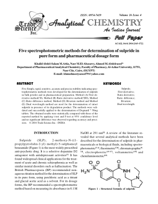 Five spectrophotometric methodsfor determination ofsulpride in pure form and pharmaceutical dosage form