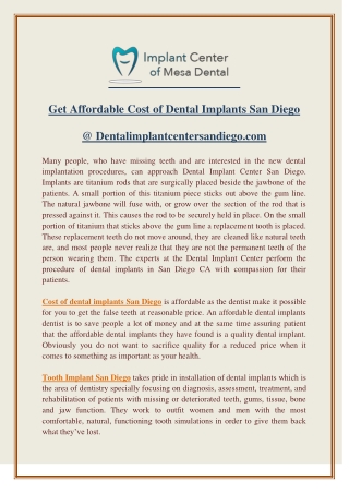 Get Affordable Cost of Dental Implants San Diego @ Dentalimplantcentersandiego.com