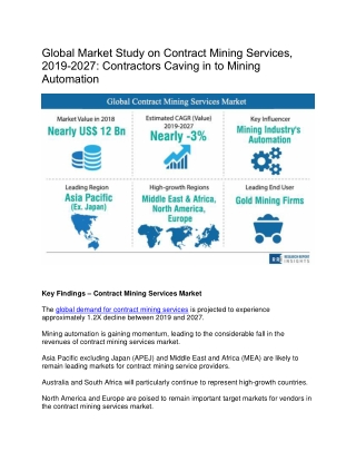 Contract Mining Services is Expected to Register Highest CAGR of 3.0% During the Forecast Period 2019 – 2027