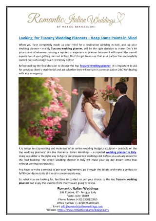 Looking for Tuscany Wedding Planners – Keep Some Points in Mind