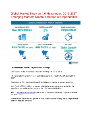 Recent research: 1,6-Hexanediol  is expected to grow at a CAGR of 6.0% by 2027