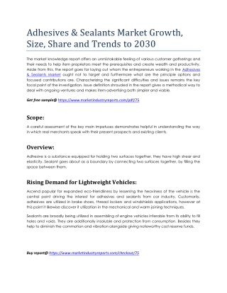 Adhesives & Sealants Market Growth, Size, Share and Trends to 2030