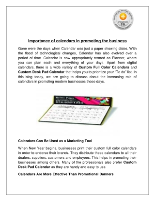 Importance of calendars in promoting the business