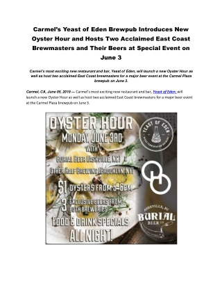Carmel’s Yeast of Eden Brewpub Introduces New Oyster Hour and Hosts Two Acclaimed East Coast Brewmasters