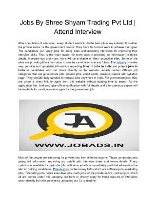 Jobs By Shree Shyam Trading Pvt Ltd | Attend Interview