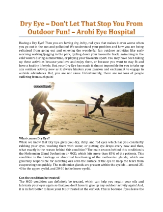 Dry Eye – Don’t Let That Stop You From Outdoor Fun! - Arohi Eye Hospital