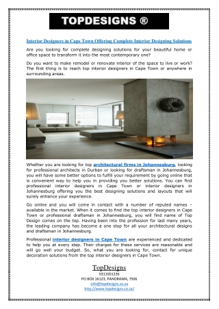 Interior Designers in Cape Town Offering Complete Interior Designing Solutions