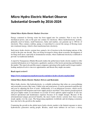 Micro Hydro Electric Market Observe Substantial Growth by 2016-2024