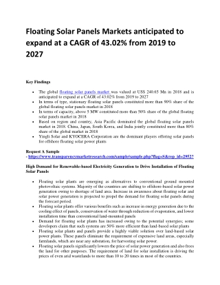 Floating Solar Panels Markets anticipated to expand at a CAGR of 43.02% from 2019 to 2027