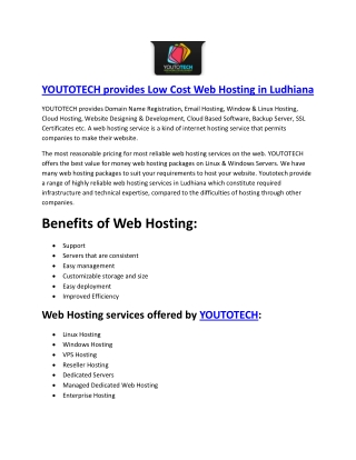 YOUTOTECH provides Low Cost Web Hosting in Ludhiana