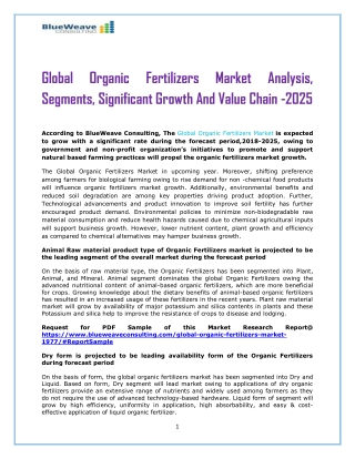 Global Organic Fertilizers Market Analysis, Segments, Significant Growth And Value Chain -2025