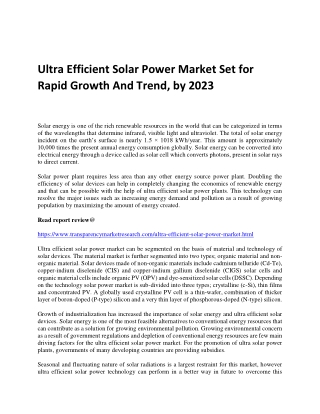 Ultra Efficient Solar Power Market Set for Rapid Growth And Trend, by 2023