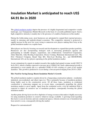 Insulation Market is anticipated to reach US$ 64.91 Bn in 2020