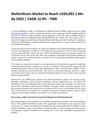 Biofertilizers Market to Reach US$4,092.1 Mn By 2025 | CAGR 12.9% - TMR
