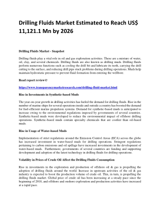 Drilling Fluids Market Estimated to Reach US$ 11,121.1 Mn by 2026