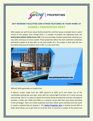 Get Modern Facilities and Other Features in your home at Godrej Properties Nest