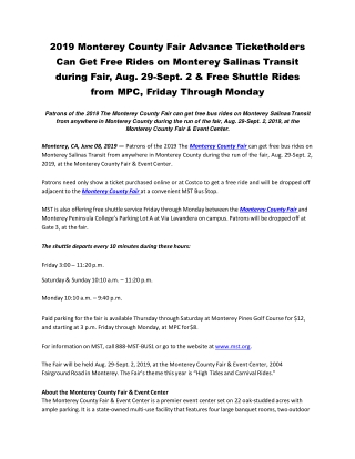2019 Monterey County Fair Advance Ticketholders Can Get Free Rides on Monterey Salinas Transit during Fair