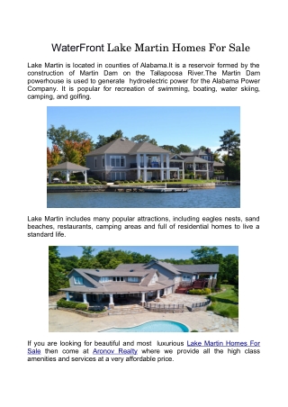 WaterFront Lake Martin Homes For Sale
