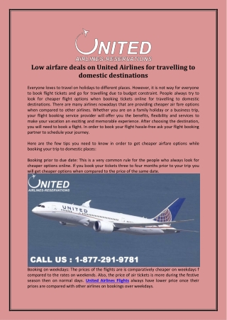 Low Airfare Deals on United Airlines for Travelling to Domestic Destinations