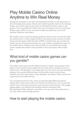 Play Mobile Casino Online Anytime to Win Real Money