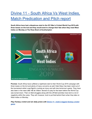 Divine 11 - South Africa vs West Indies match predication