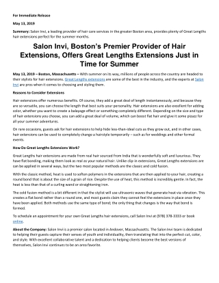Salon Invi, Boston’s Premier Provider of Hair Extensions, Offers Great Lengths Extensions Just in Time for Summer