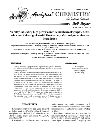 Stability-indicating high performance liquid chromatographic deter- mination of rivastigmine with kinetic study of rivas