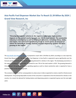Asia Pacific Fuel Dispenser Market Is Forecast to Reach Beyond $1.39 Billion by 2024