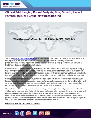 Global Clinical Trial Imaging Market is Expected to Grow at a CAGR of 5.8 % by 2026