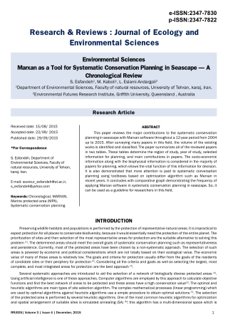 Environmental Sciences Marxan as a Tool for Systematic Conservation Planning in Seascape A Chronological Review