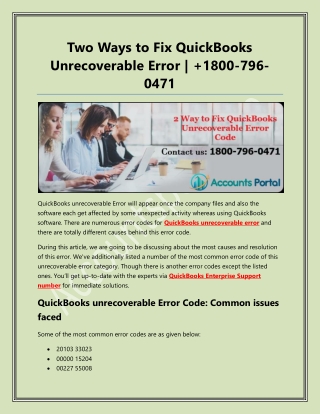 Two Ways to Fix QuickBooks Unrecoverable Error - Learn Here How to