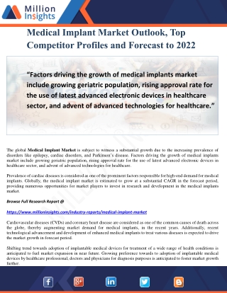 Medical Implant Market Outlook, Top Competitor Profiles and Forecast to 2022