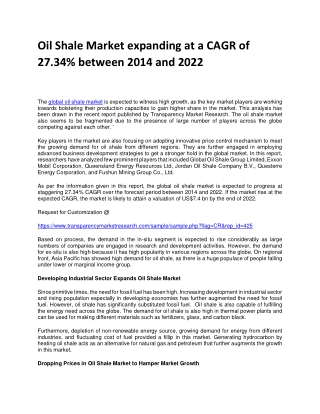 Oil Shale Market expanding at a CAGR of 27.34% between 2014 and 2022