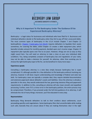 Why Is It Important To File Bankruptcy Under The Guidance Of An Experienced Bankruptcy Attorney?