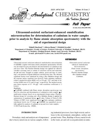 Ultrasound-assisted surfactant-enhanced emulsification microextraction for determination of cadmium in water samples pri