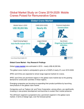 Crane Market Likely to Emerge over a Period of2019-2029