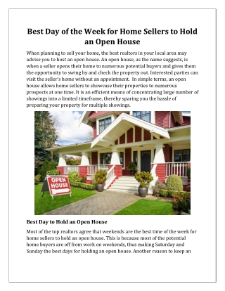 Best Day of the Week for Home Sellers to Hold an Open House
