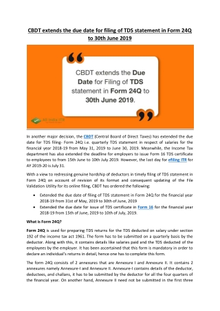 CBDT extends the due date for filing of TDS statement in Form 24Q to 30th June 2019