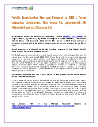 Forklift Truck Market 2019 : Size, Outlook, Trend And Forecast Till 2025