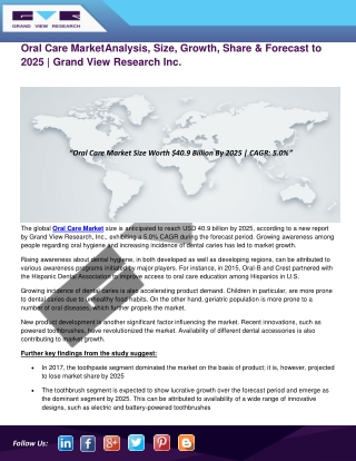 Oral Care Market is Projected to Reach USD 40.9 Billion By 2025 | Grand View Research